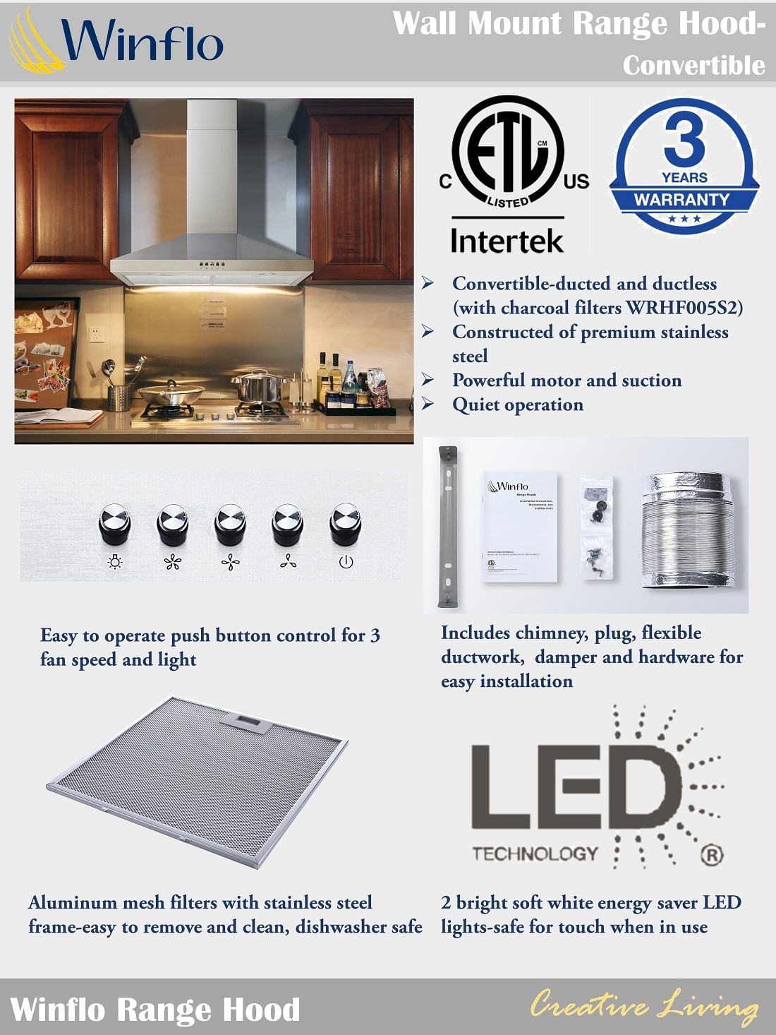 Winflo 30 in. Convertible Wall Mount Range Hood in Stainless Steel with